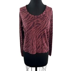 SUNDRY Burgundy Zebra Print Long Sleeve Cropped Sweatshirt Round Neck Top Sz 1